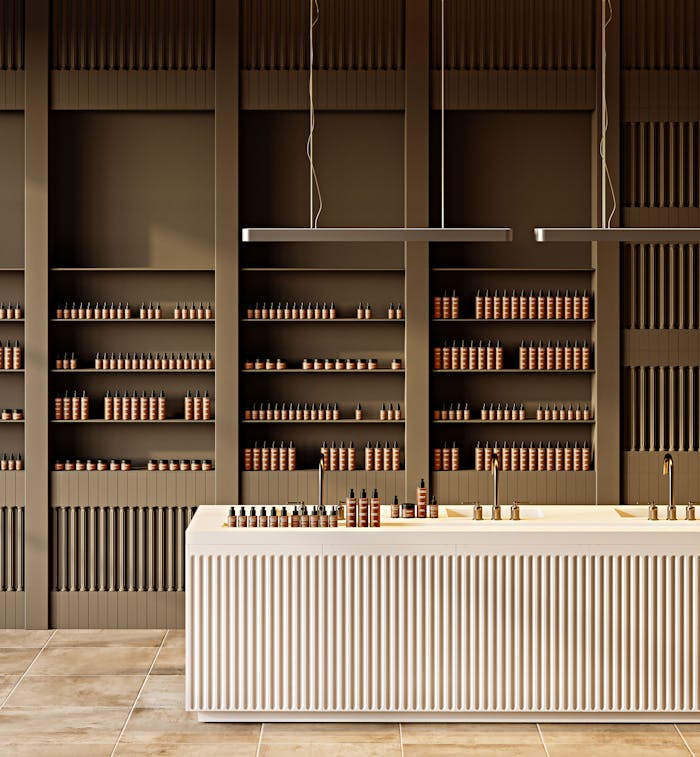 Sleek interior of a skincare store with organized shelving and modern lighting.